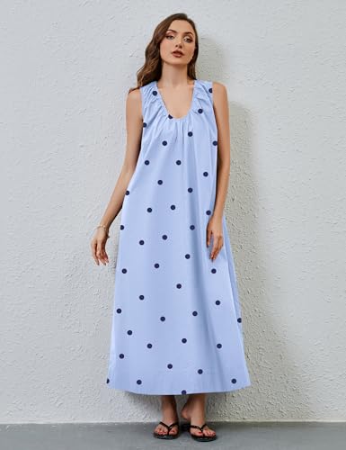 Image of Women Sleeveless Ruched Maxi Dress Scoop Neck Long Elegant Dresses Wide Shoulder Strap Blouse Dress with Side Pockets