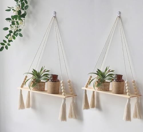 Image of Cotton Macrame Wall Hanging Shelf For Home Decor Set Of 2-Pieces|56|Woven Art For Home Decoration ,Apartment, Dorm, Bed /Living Room, Nursery, Party Decoration 14X5X22 In, 2-Pcs, White