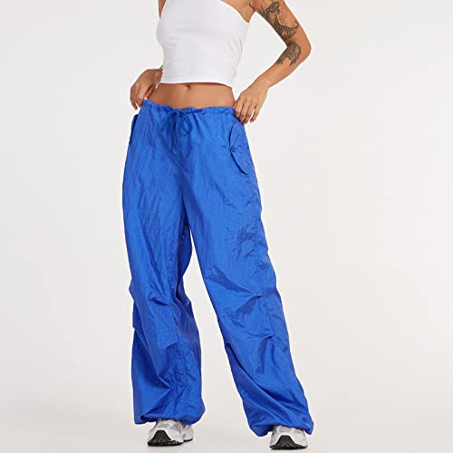 Woboniu Women Low Waist Baggy Cargo Pants Indie Aesthetic Drawstring Loose Pocket Jogger Trousers Hippie Punk Streetwear(Blue, Small) #TOP1