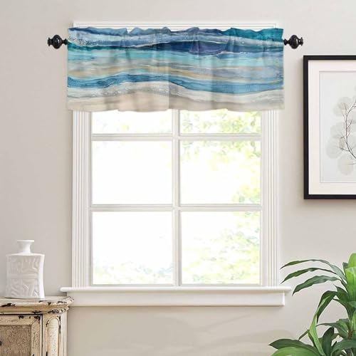 Coastal Beach Valances - Navy Blue Kitchen Curtains - Abstract Blue Wave Window Treatment - Modern Ombre Valances for Living Room, Bedroom & Bathroom - 42"x12"