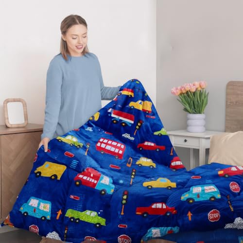 Image of 200 GSM 400 TC Kids Glace Cotton Reversible Cartoon Printed Double Bed King Size Comforter with Matching Bedsheet 90 * 100 with 2 Pillow Covers Set of 4 Pieces (Truck Bus)