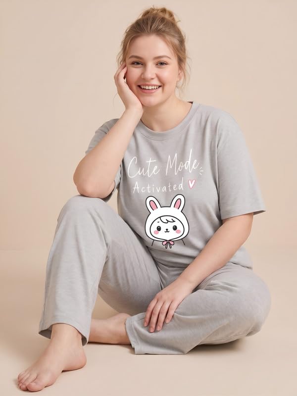 Image of My Swag Womens Nightsuit Set | Cute Bunny Graphic Print T-Shirt & Pajama | Soft Breathable Sleepwear and Loungewear Co-Ord Set for Women