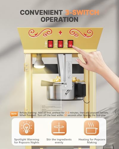 Image of 12 oz Commercial Popcorn Machine Cart, Popcorn Maker Machine with Stainless-Steel Kettle Makes Up to 48 Cups, Movie Theater Pop Corn Machine with 3-Switch Control & Tempered Glass Doors, Red
