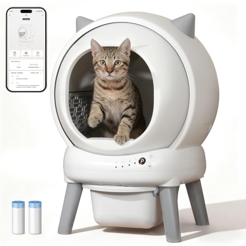 Self Cleaning Litter Box for Multiple Cats, E2 Automatic Cat Litter Box, Self-Cleaning Robot with Smart APP Control and Health Monitoring, Includes 2 Roll Trash Bag and Litter Mat, White-Gre