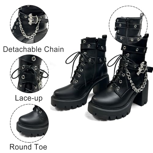 Image of FOREADA Goth Boots Chunky Heel Boot For Women Ankle Combat Booties Black Platform Bootie Buckle Rivets Punk Goth Shoes With Zipper