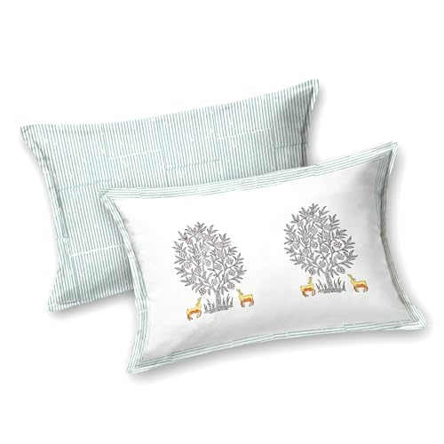 Image of BLOCKS OF INDIA Hand Block Printed 300 TC Cotton Super King Size Bedsheet(106 x 106) (Life Green)