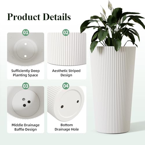 Trygoal 23.6" Black Outdoor Planter Set of 2, Tall Planters for Outdoor Plants with Drainage Hole, Large Flower Pots for Indoor Plants, Front Porch Decor/Patio, Plastic Striped by Trygoal - Image 3