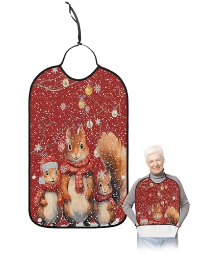 Squirrel Christmas Adult Bib for Adults Men, Women, Washable & Adjustable Terry Cloth Bib with Crumb Catcher Reusable Waterproof Clothing Clothes Protector Apron Red Xmas Balls Retro Snowflake