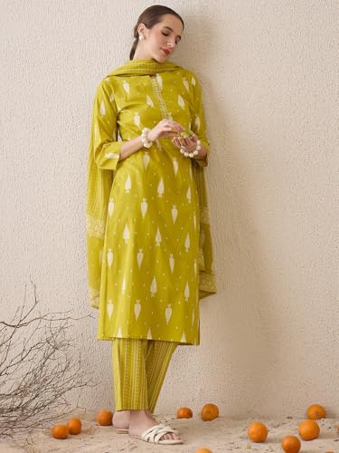 Image of INDO ERA Women's Pure Cotton Printed Straight Kurta & Pant With Dupatta Set