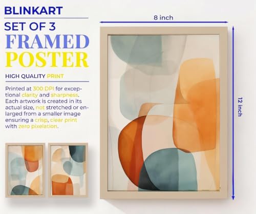 Image of BLINKART Set of 3 Teal Orange Natural Brown Frame Painting for Wall Decoration - Modern Art Wall Decor Framed Painting for Living Room Bedroom - Framed Wall Posters /Paintings (8X12 inch)