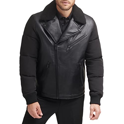 DKNY Mens Mixed Media Faux Leather with Puffer Sleeves