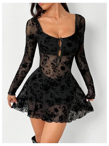 Milumia Women's Floral Lace Cut Out Mini Dress Sexy Long Sleeve Bow Decor Party Club Mesh Short Dresses2