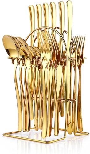 Image of 24 Pieces Flatware Set, Stainless Steel Cutlery Set with Silverware Holder, Modern Gold Silverware Set Includes Dinner Knives Forks Spoons,Hanging Silverware (Golden)