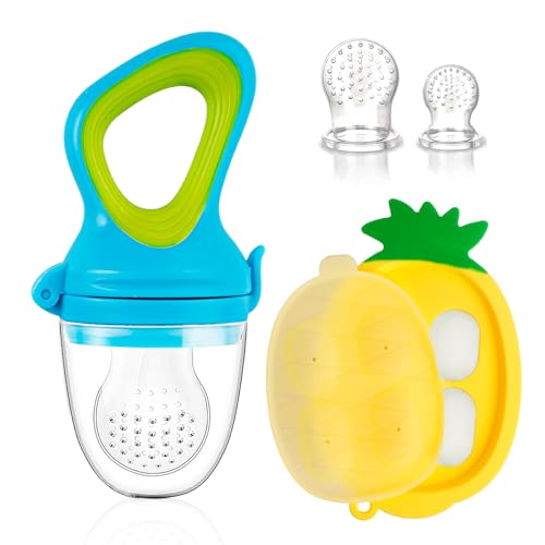 Image of HAOBAOBEI Baby Fruit Feeder with Mini Freezer Tray, Baby Teethers, Breastmilk Popsicle Molds for Baby Teething Relief, Silicone Fresh Food Feeder for Safe Infant Self Feeding (Candy Blue)