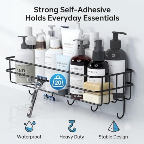 Image of Bindian Self-Adhesive Bathroom Shelf with Hooks, Pack of 2 | No-Drill Wall Mounted Shower Caddy Organizer | Rustproof Bathroom Storage Rack for Shampoo, Soap & Toiletries | Space Saving Adhesive Shelf