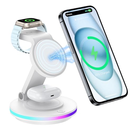 mag Safe - Estación de Carga inalámbrica, 3 en 1, Plegable, estación de Carga inductiva para Apple Watch y iPhone 16,15, 14, Soporte de Carga Giratorio, Cargador inalámbrico con luz Nocturna