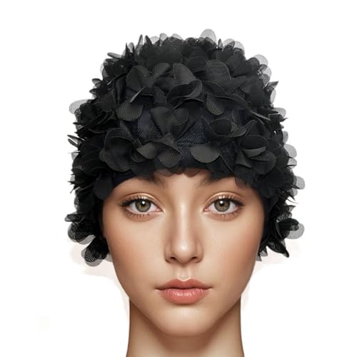 Medifier, cuffia da donna stile rétro con petali, motivo floreale, da piscina, Black