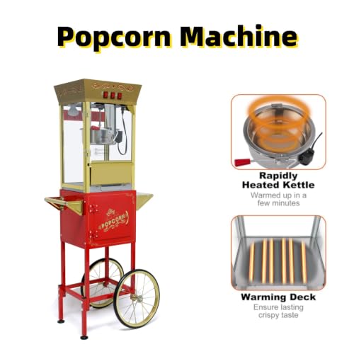 Image of Trygoal Popcorn Machine with Cart, 12 Oz Kettle, Vintage Popcorn Maker with Storage Cabinet, Scoop & 3-Switch Control, Movie Theater Style Popper for Party, Red