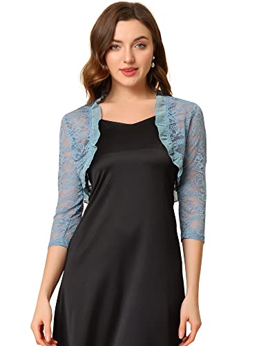 Image of Allegra K Women's Elegant Lace Cardigan Ruffle Collar Crop 3 /4 Sleeve Sheer Bolero Floral Lace Shrug Top