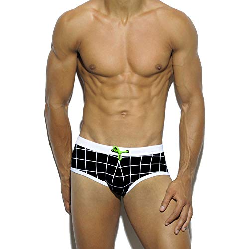 Sexy Man's Swimwear Swimming Briefs Trunks Low Waist Grid Surfing Beach Short (Black, Tag XXL/USA XL)