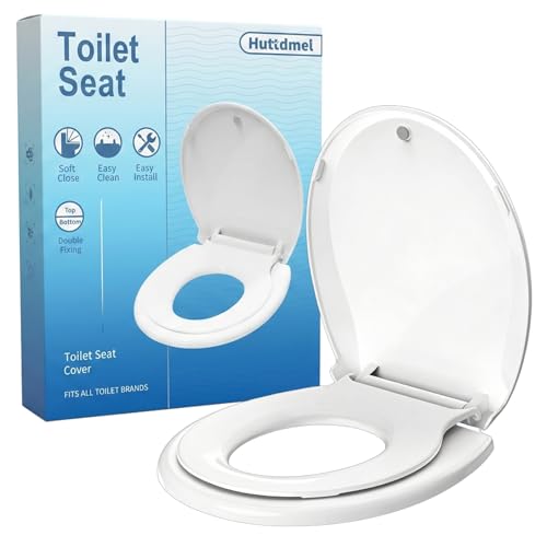 Huttdmel Round Toilet Seat with Toddler Seat Built In 2 in 1 Adult & Child Soft Close Quiet Lid Magnetic Child Seat Top & Bottom Mount Never Loosen Hinges Fits Standard Round Toilets White