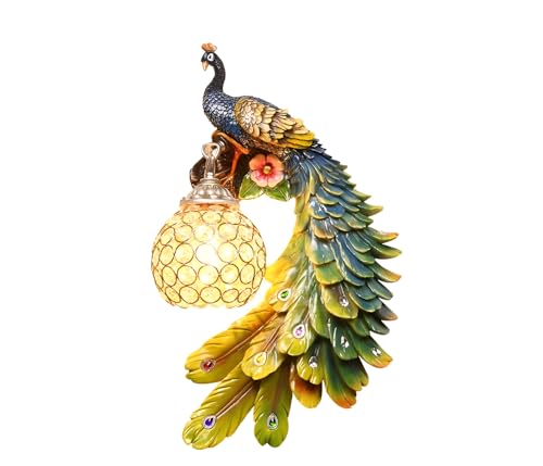 Image of Modern Peacock Wall Sconce | Resin Decorative Wall Lamp with Crystal Accents | European Retro Style Wall Light for Home Decor | Multicolour | Bulb Not Included