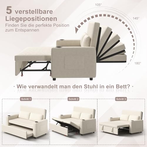 JUMMICO Schlafsofa 2 Sitzer klein Sofa mit Schlaffunktion Schlafcouch Ausziehbar mit Kissen Couch Cord-Bezug mit Getränkehalter Klappsofa Für Wohnzimmer Schlafzimmer,69 x 141 x 88 cm,Beige