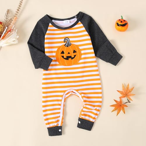 Fybitbo Infant Baby Boys Girls Striped Pumpkin Jumpsuit Romper Newborn Halloween Outfit Fall One Piece Clothes thumb #3