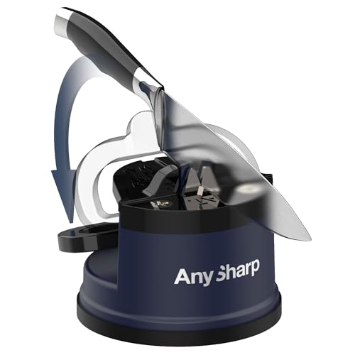 AnySharp – EDITIONS – Hands Free Knife Sharpener - Easy to Use Sharpening Tool with PowerGrip Suction Base and 20-Degree Pre-set Angle - For All Knives: Chef’s, Serrated, and Hardened Steel - Navy