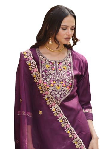 Image of VredeVogel Kurta Set with Dupatta | Viscose Rayon Embroidered Kurta Set for Women | Women's Ethnic Casual Kurti Set |Kurta Pant Festive Suit