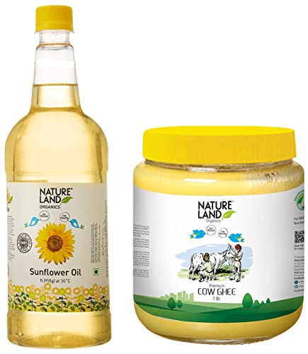 Image of Natureland Organics Sunflower Oil Bottle, 1 L & Premium Cow Ghee Jar, 1 L