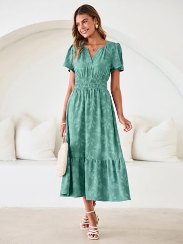 Image of Simplee Womens Summer Boho Maxi Dress Semi Formal Wedding Guest Short Sleeve V Neck Empire Waist Floral Long Dresses