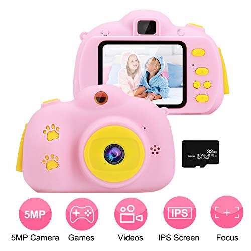 OCDAY Appareil Photo Enfants, Appareil Photo numérique Enfant Rechargeable, Selfie Enfant Rose 32 G, caméscope vidéo, Cadeaux d'anniversaire pour Les Filles de 3 à 10 Ans, Cadeaux pour Les Enfants