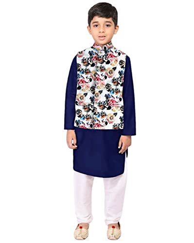 Image of Os Men's & boy kurta pyjama set with nerhu jackets (Multi printed) in cotton (baap beta|father son|)