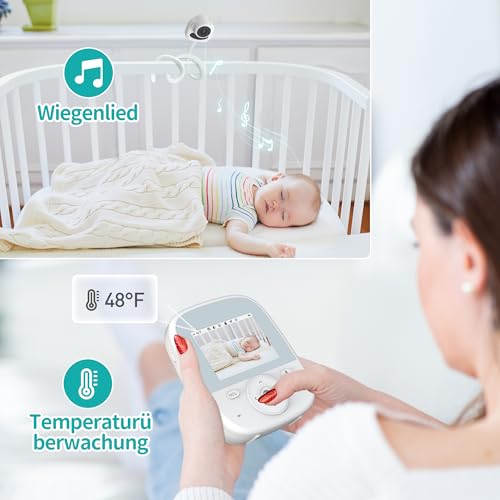 VIZOLINK 2.8” BabyPhone mit Kamera, Baby Monitor Ohne WLAN, 4000mAh Akku, Nachtsicht, VOX, Gegensprechfunktion, 3XZoom, 8 Schlaflieder, Temperatursensor, 300m Reichweite, Schlauchhalter(Weiß)