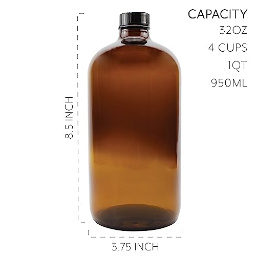 Cornucopia 32-Ounce Amber Kombucha Growler Bottles (4-Pack); 1 Quart Boston Round Glass Bottles W/ 6 Polycone Phenolic Lids For Home Brewing #TOP5