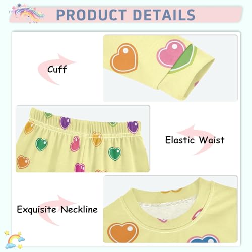 Pajama Sets Long Sleeve Colorful Hearts Yellow Background Soft Comfy Sleepwear 2 Piece PJS 3-8T4