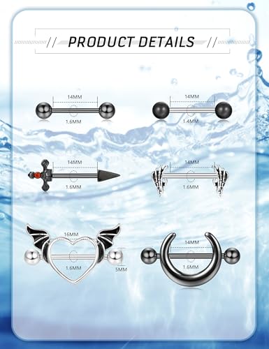 JOERICA 6 Pairs 14G Nipple Rings for Women 316L Stainless Steel Heart Butterfly Moon CZ Flower Barbell Nipple Rings Set Cute Nipplerings Piercing Jewelry3