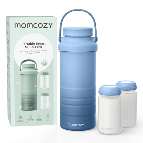 Image of Momcozy 22oz Portable Breast Milk Cooler for Outdoor, Life Saver with 360° Total Cooling for 24 Hours, Larger Capacity Travel Breastmilk Chiller with 2pcs Baby Bottles for Breastmilk Storage, Blue