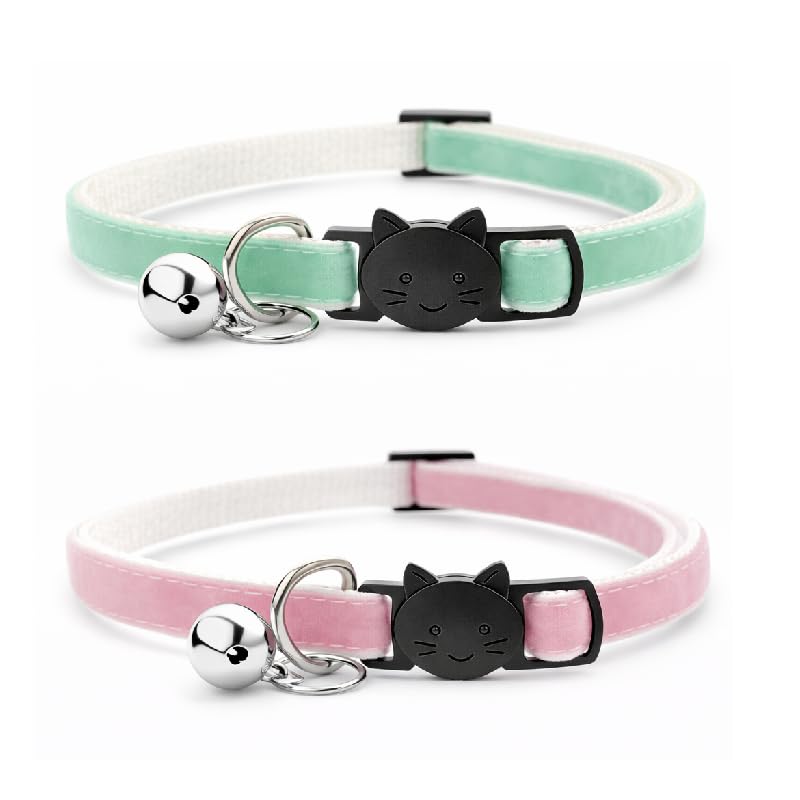 Velvet Cat Collars with Bell. Safe Quick Release Breakaway Buckle | Zacal Cat Collars (Mint Green & Baby Pink, Pack of 2)