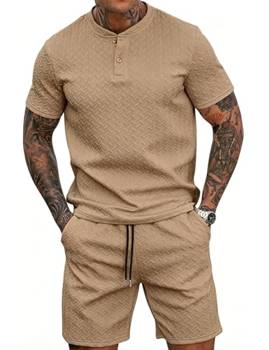 Babioboa Short Sets For Men 2 Piece Outfit Henley Short Sleeve Shirt and Textured Shorts Summer Beach Set(Khaki,3XL)