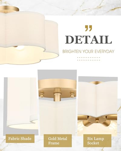 Image of Gold Semi Flush Mount Ceiling Lights, 6-Light 18Inch Ceiling Light Fixtures with Fabric Shade in Flower Shape, Farmhouse Brass Drum Lighting for Nursery Bedroom Kitchen, AD-22007-6SF-GD