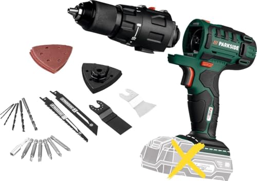 Parkside Strumento combinato multifunzione 4 in 1 da 20 V, senza fili, unità nuda, trapano, levigatrice multipla, sega a sciabola, strumento oscillante per cambiare rapidamente e facilmente gli