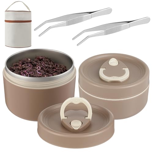 Honeydak 2 Pcs Fishing Bait Container Stainless Steel Insulated Live Bait Storage with 1 Handbag and 2 Tweezers Worm Holder Storage Box for Keeping Fresh and Alive(Brown)