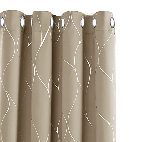 Deconovo Lot de 2 Rideaux Isotants Thermique Anti Froids Maison Occultant à Oeillets, 132x138 CM, Rideau Cuisine Moderne Motifs Argenté, Taupe
