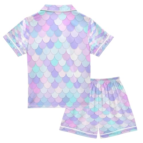 ALAZA Rainbow Scales Mermaid Satin Pajamas Set Short Sleeve Button Down Sleepwear Summer Pjs 2 Piece2