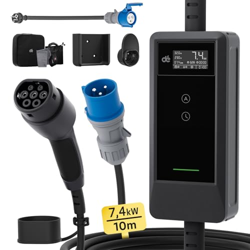 dé Cargador Coche Electrico 7,4kW [10m, 6A-32A, Monofásico] Wallbox EV Tipo 2 de 7kW 32A, Cargador Vehiculo Electrico 32a para Model Y/3, GLC, Q3, Kuga, iX1, EX30, Niro, Ioniq 5, EQA y Otros BEV/PHEV