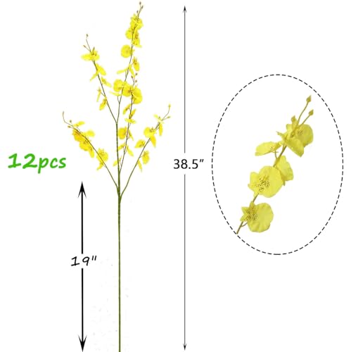 OMUYGDD Yellow Artificial Flowers Orchids Silk Fake Flowers in Bulk, 12 Pcs (Each 38.5”), for Wedding Festive Party Home Office Decoration, No Include Vase