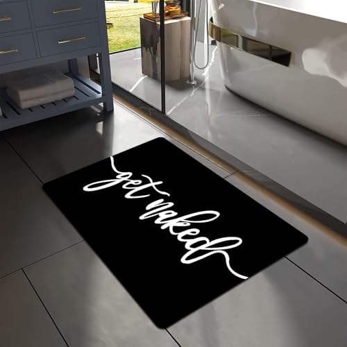 Image of MUGINYU Get Naked Bath Mat, Fun Modern Black and White Quick Dry Absorbent Non-Slip Bathroom Rugs Thin Fit Under Door Bathroom Floor Mats for Bathtub, Shower Room, Sink