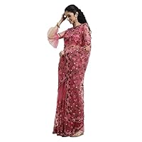 Womanista Women’s Machine Embroidered Net Saree with Swarovski Crystals (TI_2002A_Pink)